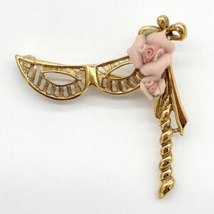 Vintage Masquerade Mask Brooch Pink Porcelain Roses Gold Tone Venetian Pin